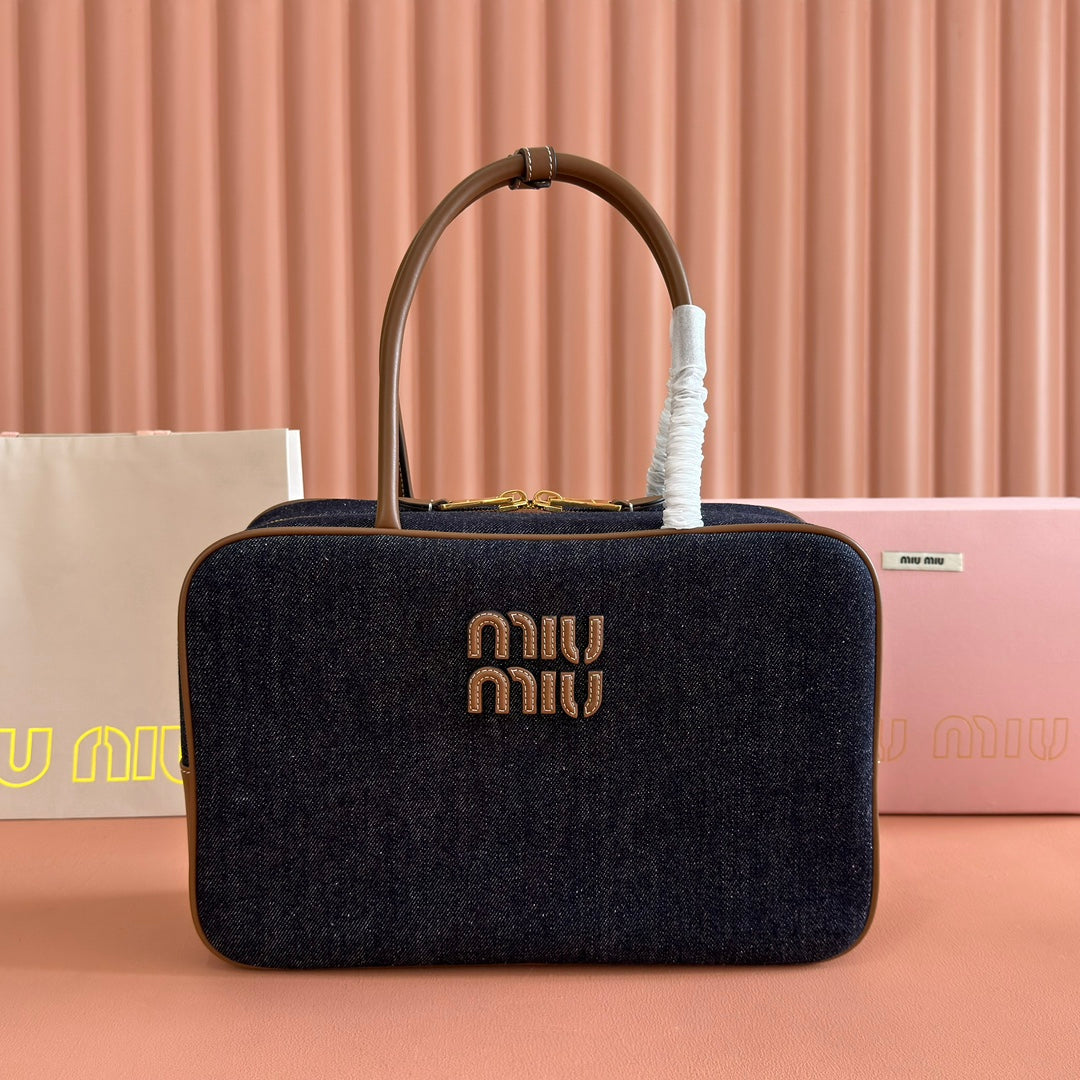 Miu Miu 25S Beau Denim Bag 34 in Dark Blue Denim and Brown Calfskin