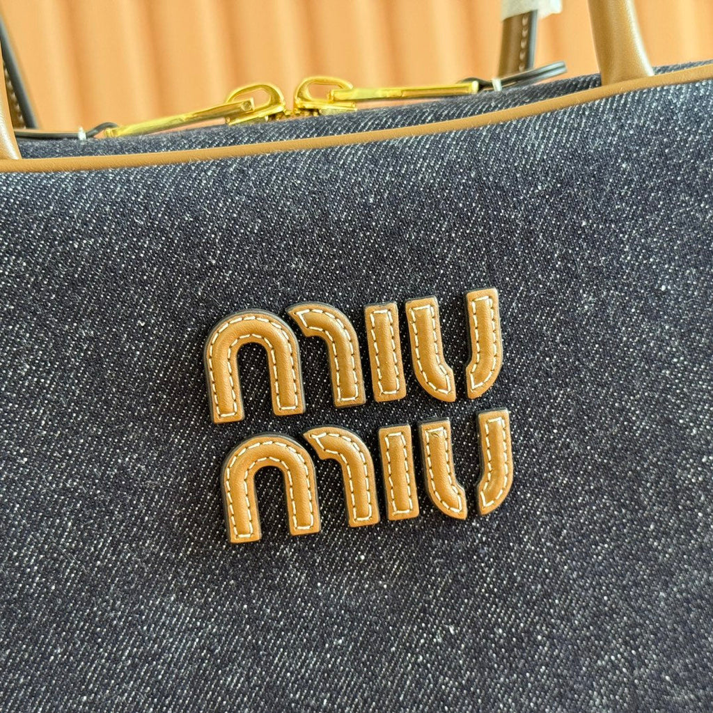 Miu Miu 25S Beau Denim Bag 34 in Dark Blue Denim and Brown Calfskin