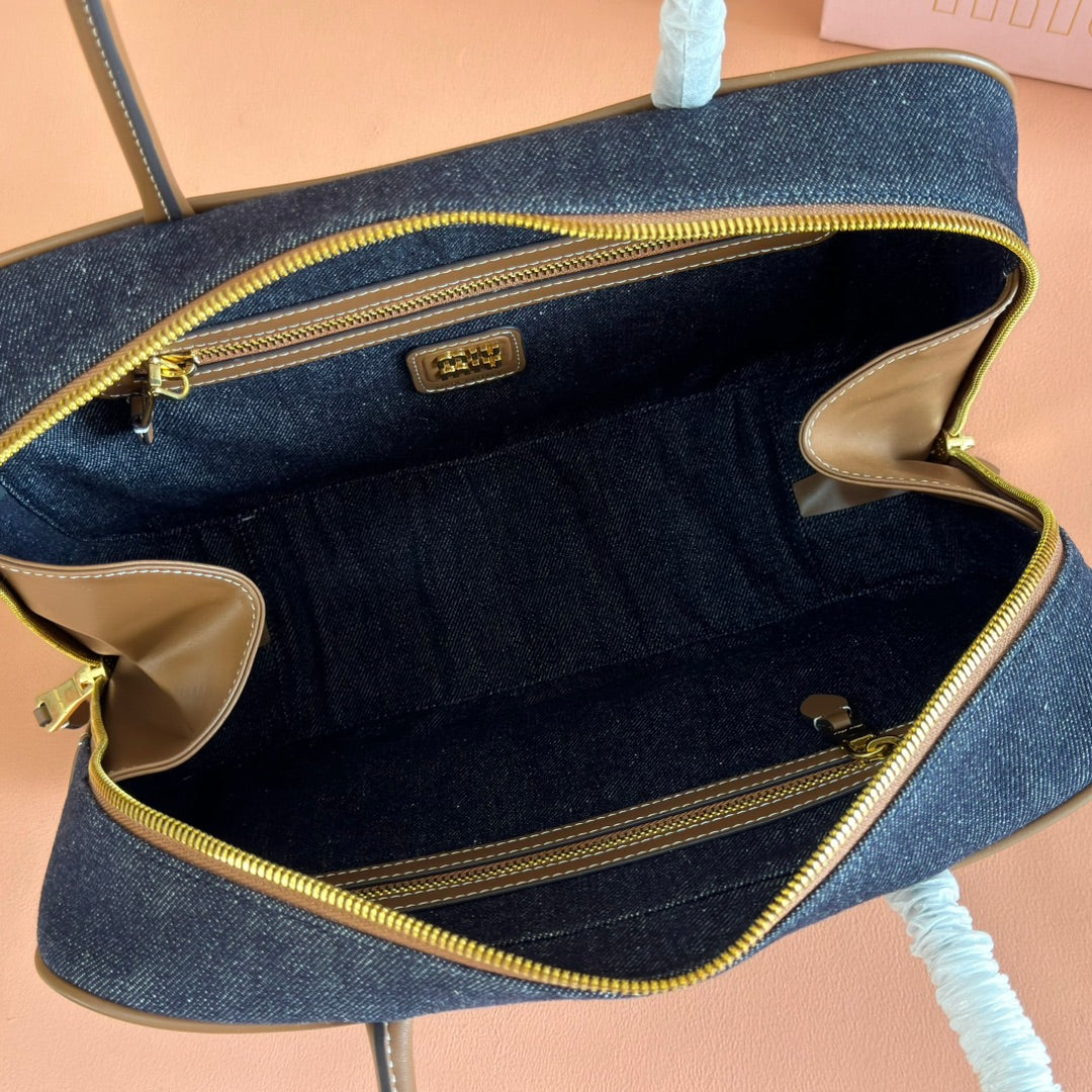 Miu Miu 25S Beau Denim Bag 34 in Dark Blue Denim and Brown Calfskin