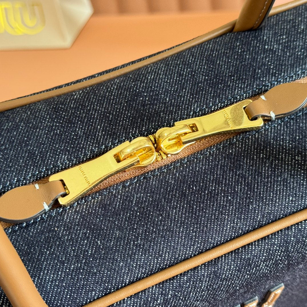 Miu Miu 25S Beau Denim Bag 34 in Dark Blue Denim and Brown Calfskin