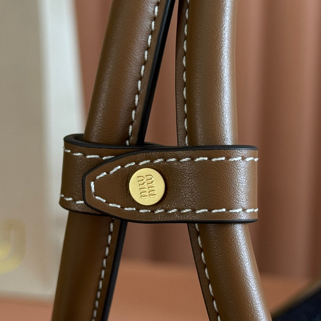Miu Miu 25S Beau Denim Bag 34 in Dark Blue Denim and Brown Calfskin