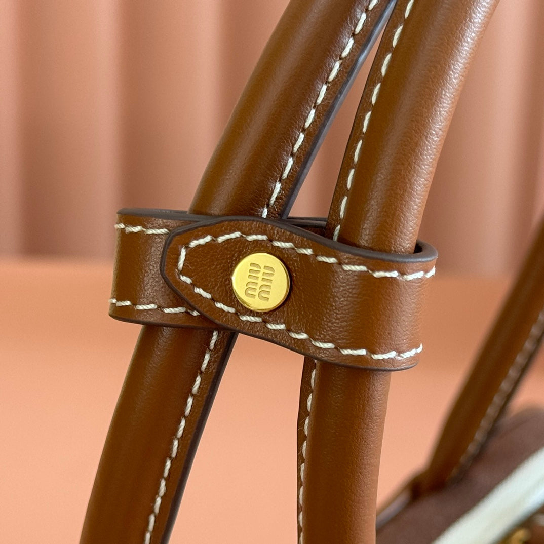 Miu Miu 25S Beau Bag 28 Brown and Beige Stripes in Canvas and Calfskin