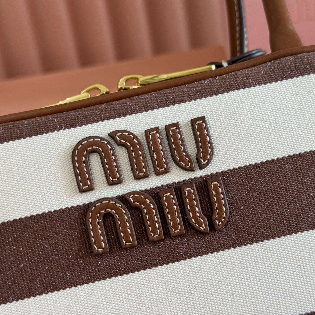 Miu Miu 25S Beau Bag 28 Brown and Beige Stripes in Canvas and Calfskin