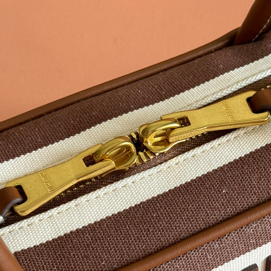 Miu Miu 25S Beau Bag 28 Brown and Beige Stripes in Canvas and Calfskin
