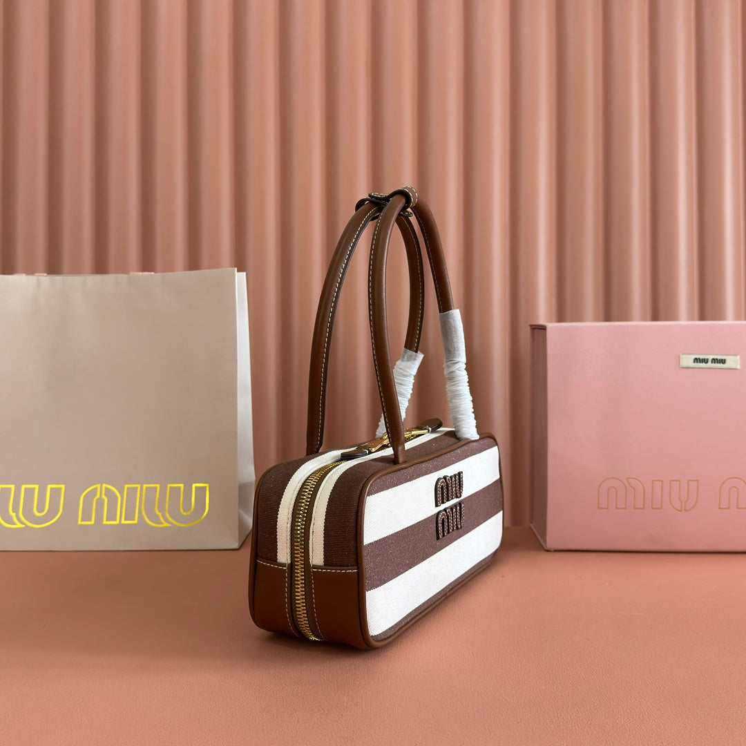 Miu Miu 25S Beau Bag 28 Brown and Beige Stripes in Canvas and Calfskin