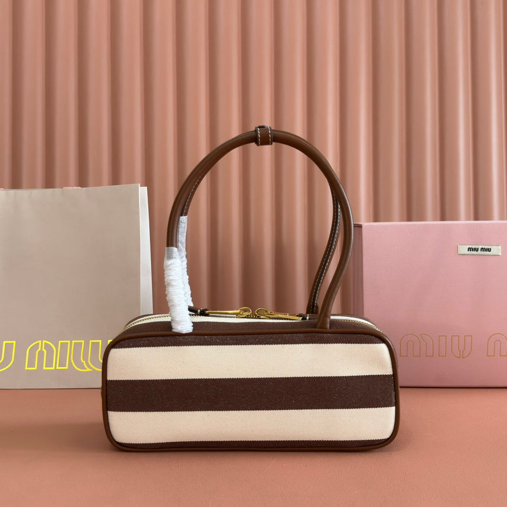 Miu Miu 25S Beau Bag 28 Brown and Beige Stripes in Canvas and Calfskin