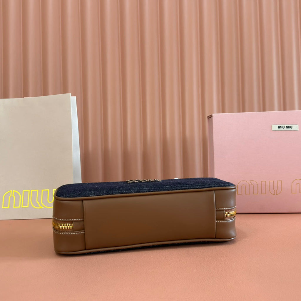 Miu Miu 25S Beau Denim Bag 28 in Dark Blue Denim and Brown Calfskin