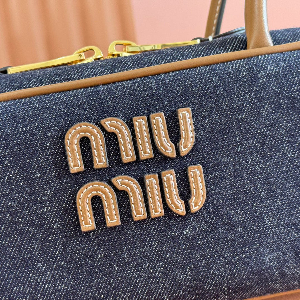 Miu Miu 25S Beau Denim Bag 28 in Dark Blue Denim and Brown Calfskin