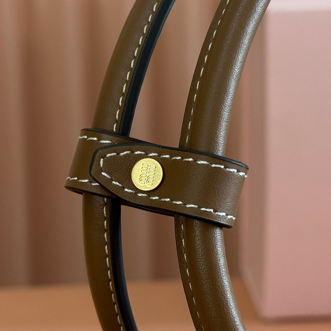 Miu Miu 25S Beau Denim Bag 28 in Dark Blue Denim and Brown Calfskin