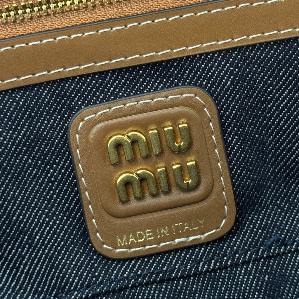 Miu Miu 25S Beau Denim Bag 28 in Dark Blue Denim and Brown Calfskin
