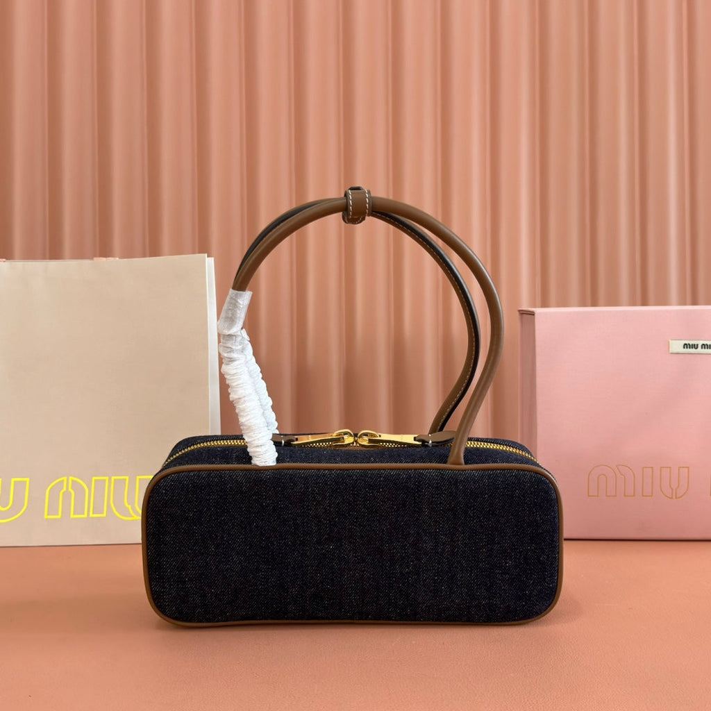 Miu Miu 25S Beau Denim Bag 28 in Dark Blue Denim and Brown Calfskin
