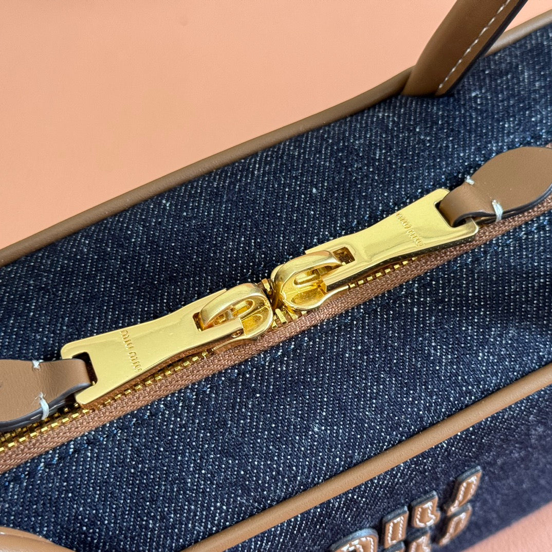 Miu Miu 25S Beau Denim Bag 28 in Dark Blue Denim and Brown Calfskin