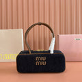 Miu Miu 25S Beau Denim Bag 28 in Dark Blue Denim and Brown Calfskin