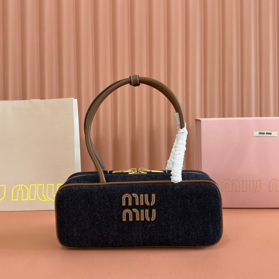 Miu Miu 25S Beau Denim Bag 28 in Dark Blue Denim and Brown Calfskin