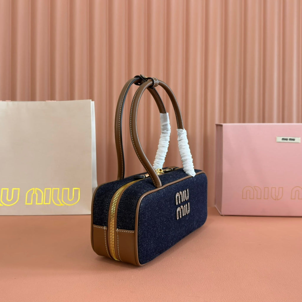 Miu Miu 25S Beau Denim Bag 28 in Dark Blue Denim and Brown Calfskin