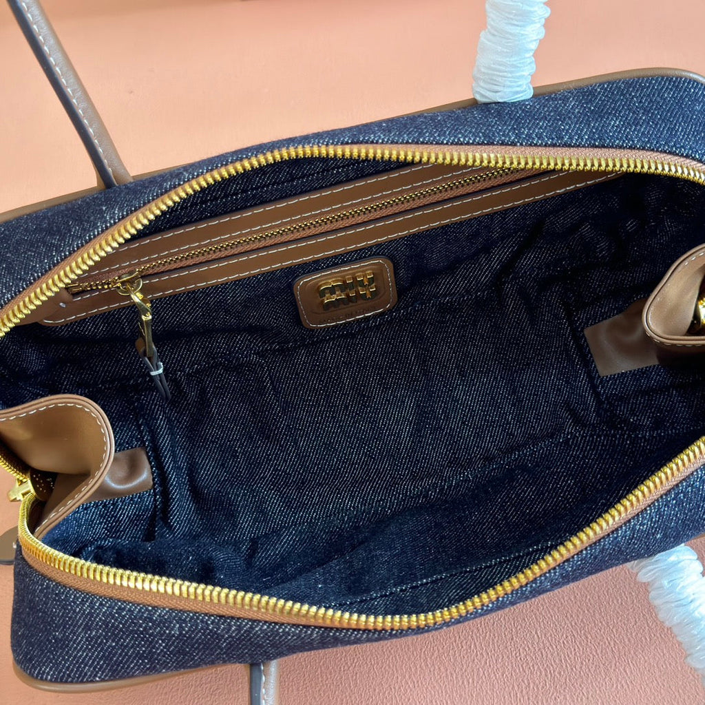Miu Miu 25S Beau Denim Bag 28 in Dark Blue Denim and Brown Calfskin