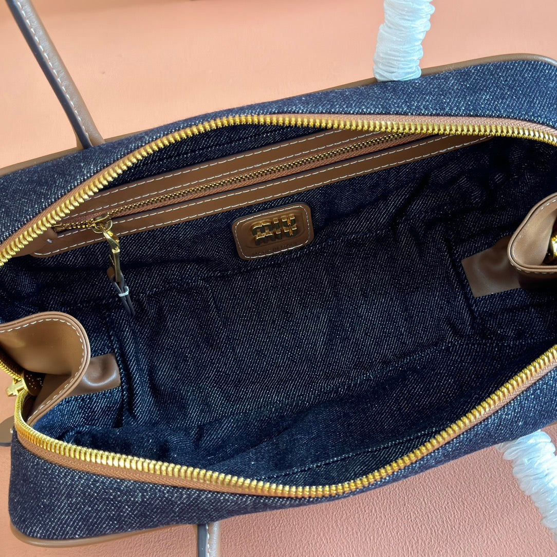 Miu Miu 25S Beau Denim Bag 28 in Dark Blue Denim and Brown Calfskin