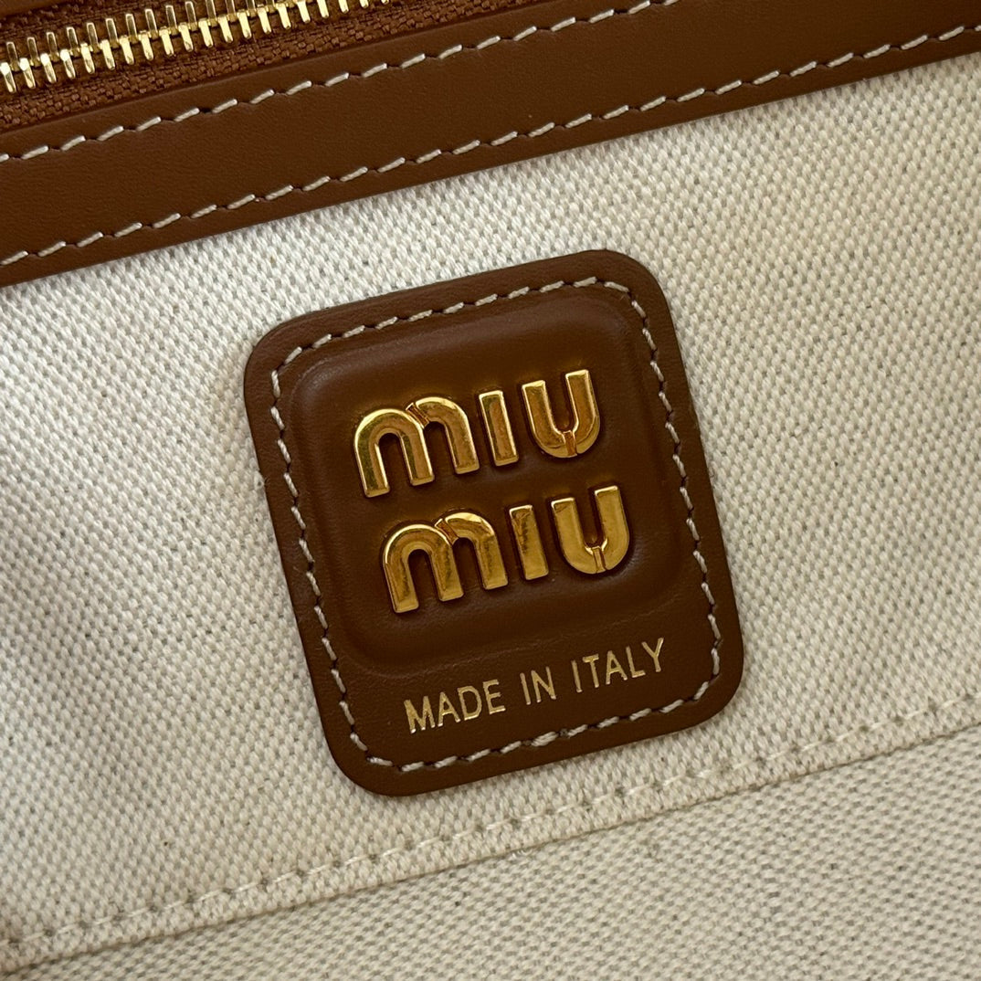 Miu Miu 25S Beau Canvas Bag 28 in Beige Canvas and Brown Calfskin
