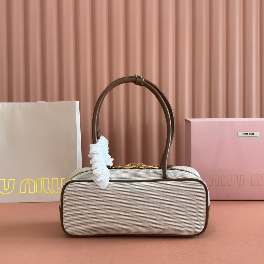 Miu Miu 25S Beau Canvas Bag 28 in Beige Canvas and Brown Calfskin
