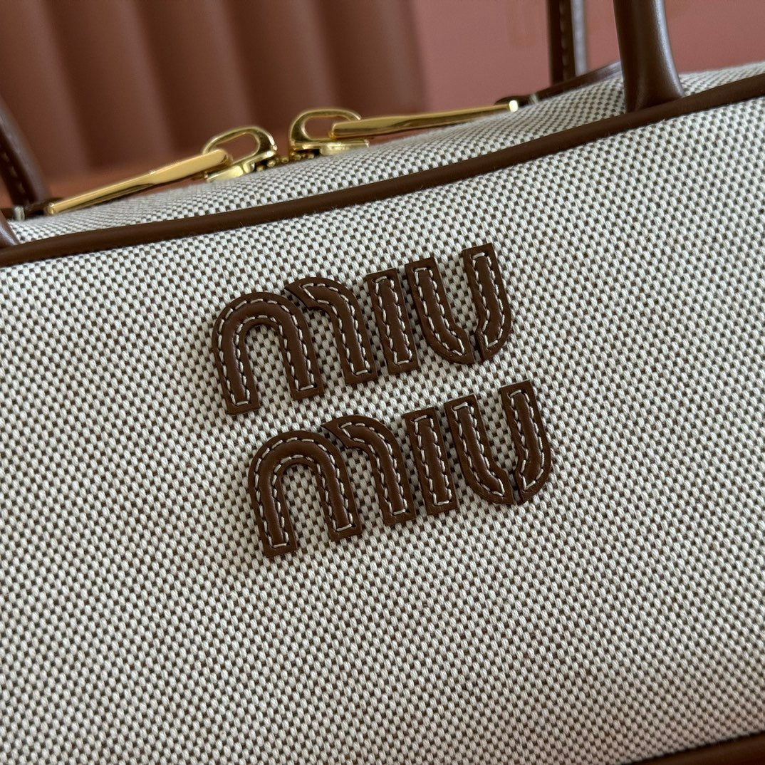 Miu Miu 25S Beau Canvas Bag 28 in Beige Canvas and Brown Calfskin