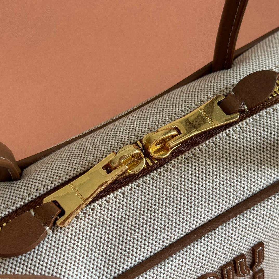 Miu Miu 25S Beau Canvas Bag 28 in Beige Canvas and Brown Calfskin