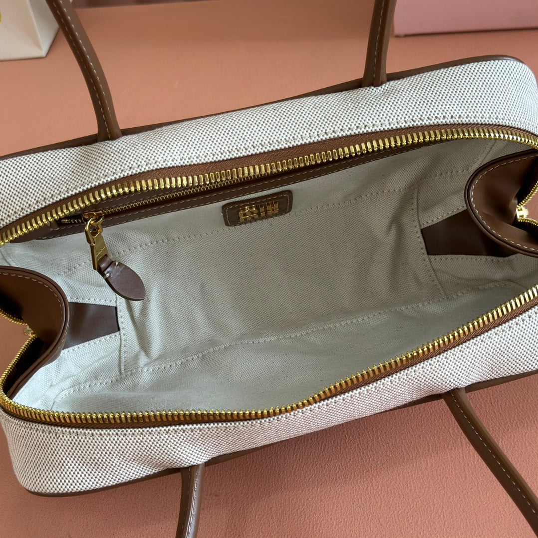 Miu Miu 25S Beau Canvas Bag 28 in Beige Canvas and Brown Calfskin