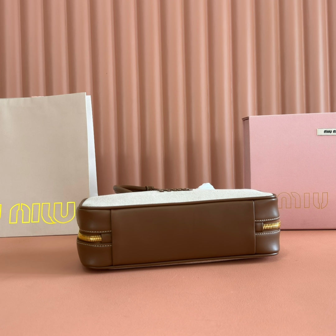 Miu Miu 25S Beau Canvas Bag 28 in Beige Canvas and Brown Calfskin