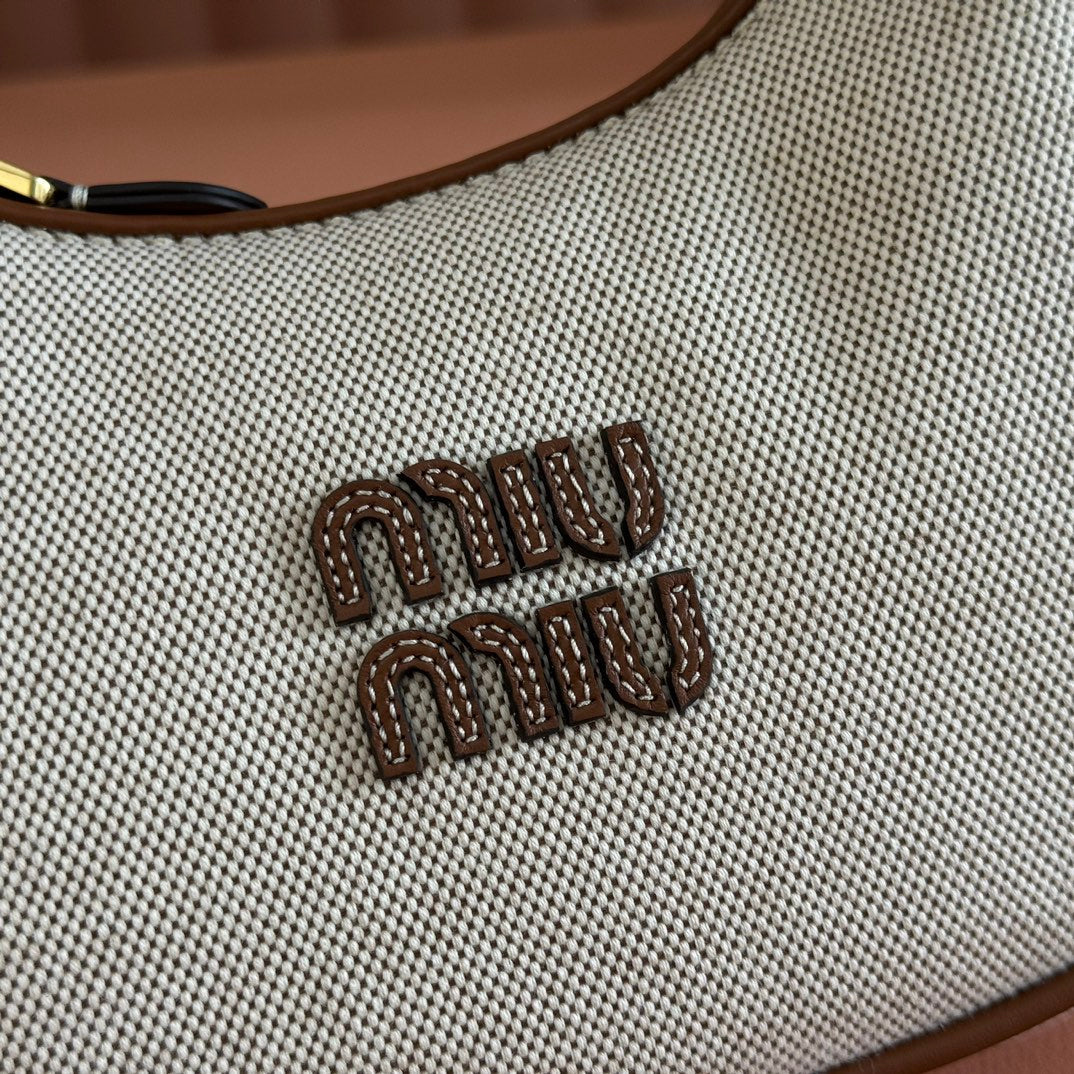 Miu Miu 25S Wander Bag 20 in Beige Canvas and Brown Calfskin