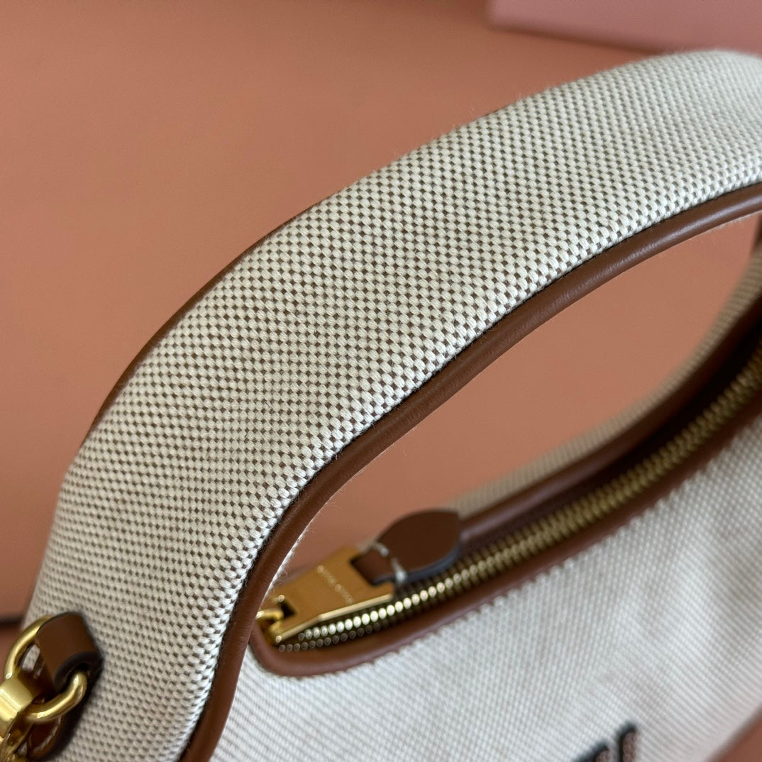 Miu Miu 25S Wander Bag 20 in Beige Canvas and Brown Calfskin