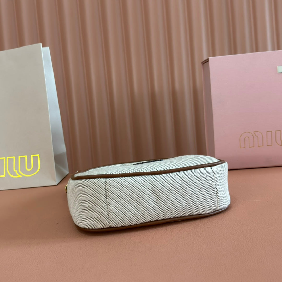 Miu Miu 25S Wander Bag 20 in Beige Canvas and Brown Calfskin