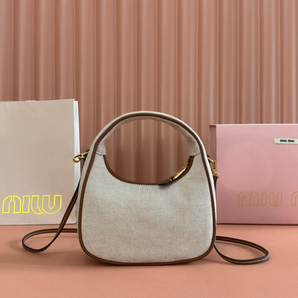 Miu Miu 25S Wander Bag 20 in Beige Canvas and Brown Calfskin