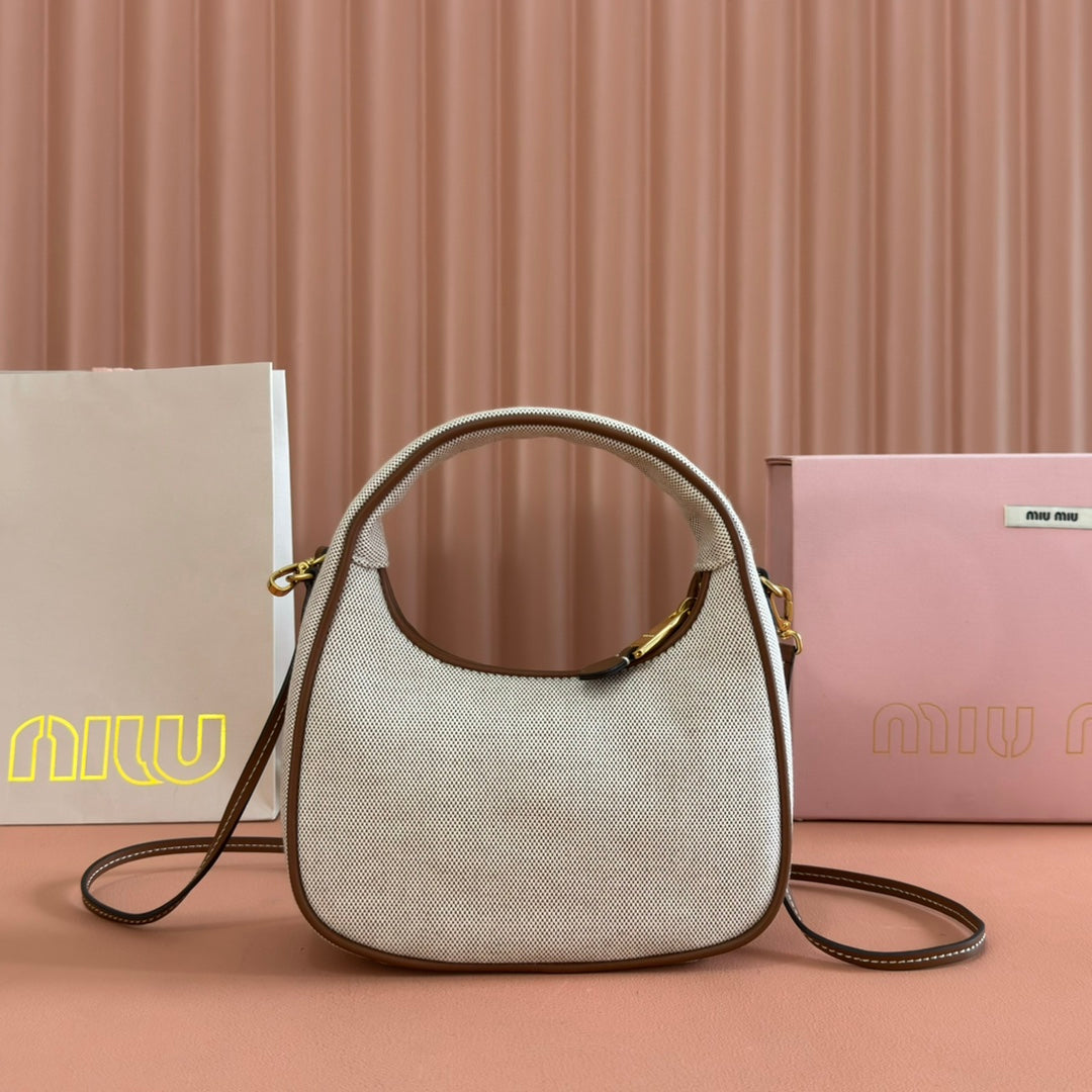 Miu Miu 25S Wander Bag 20 in Beige Canvas and Brown Calfskin