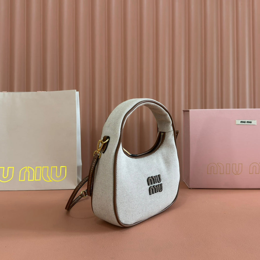 Miu Miu 25S Wander Bag 20 in Beige Canvas and Brown Calfskin