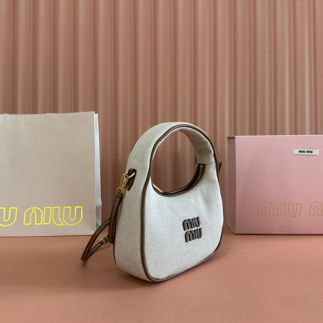 Miu Miu 25S Wander Bag 20 in Beige Canvas and Brown Calfskin