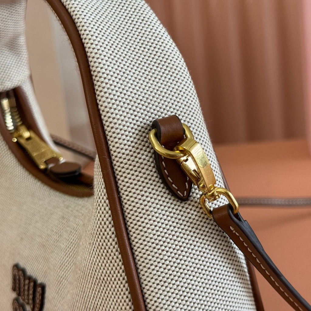 Miu Miu 25S Wander Bag 20 in Beige Canvas and Brown Calfskin