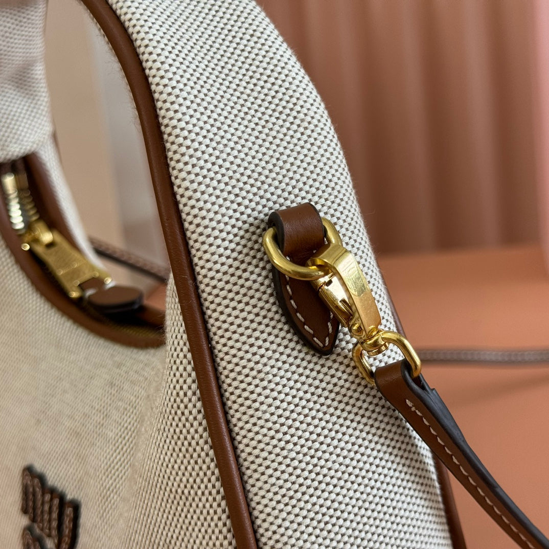 Miu Miu 25S Wander Bag 20 in Beige Canvas and Brown Calfskin