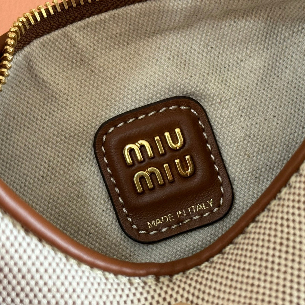 Miu Miu 25S Wander Bag 20 in Beige Canvas and Brown Calfskin
