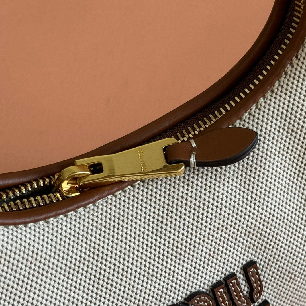 Miu Miu 25S Wander Bag 20 in Beige Canvas and Brown Calfskin
