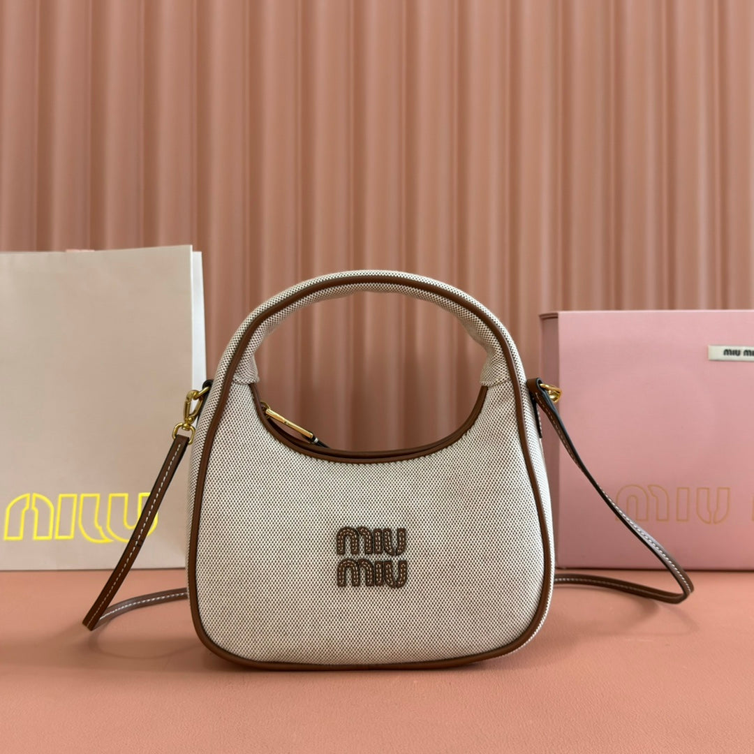 Miu Miu 25S Wander Bag 20 in Beige Canvas and Brown Calfskin