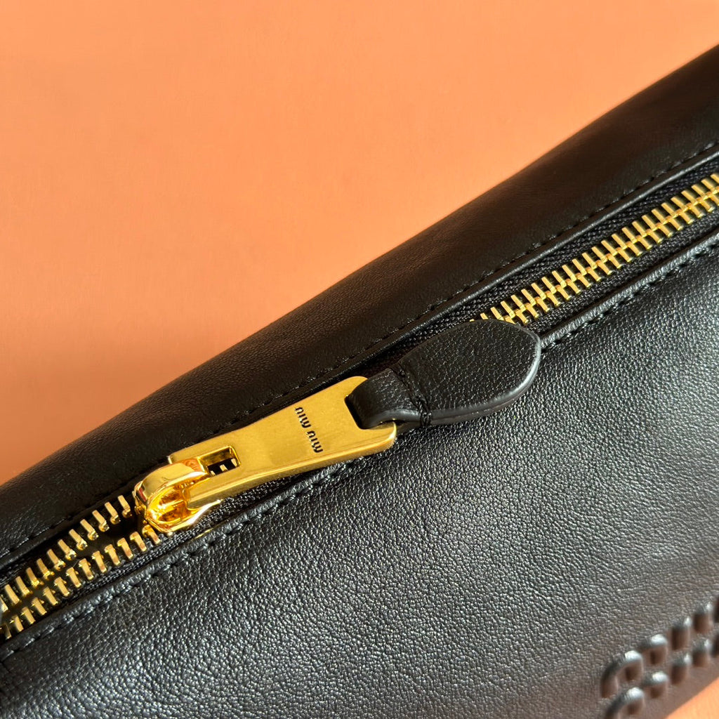 Miu Miu 26S Corduroy Pouch Bag 25 in Black Calfskin Gold Hardware