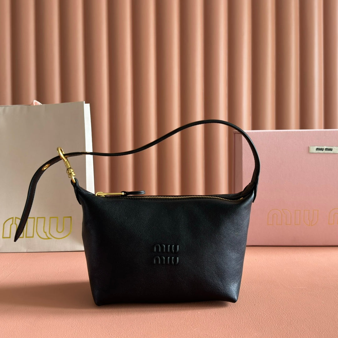Miu Miu 26S Corduroy Pouch Bag 25 in Black Calfskin Gold Hardware