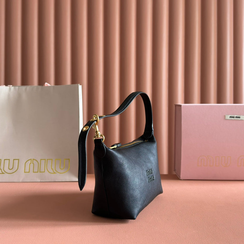 Miu Miu 26S Corduroy Pouch Bag 25 in Black Calfskin Gold Hardware