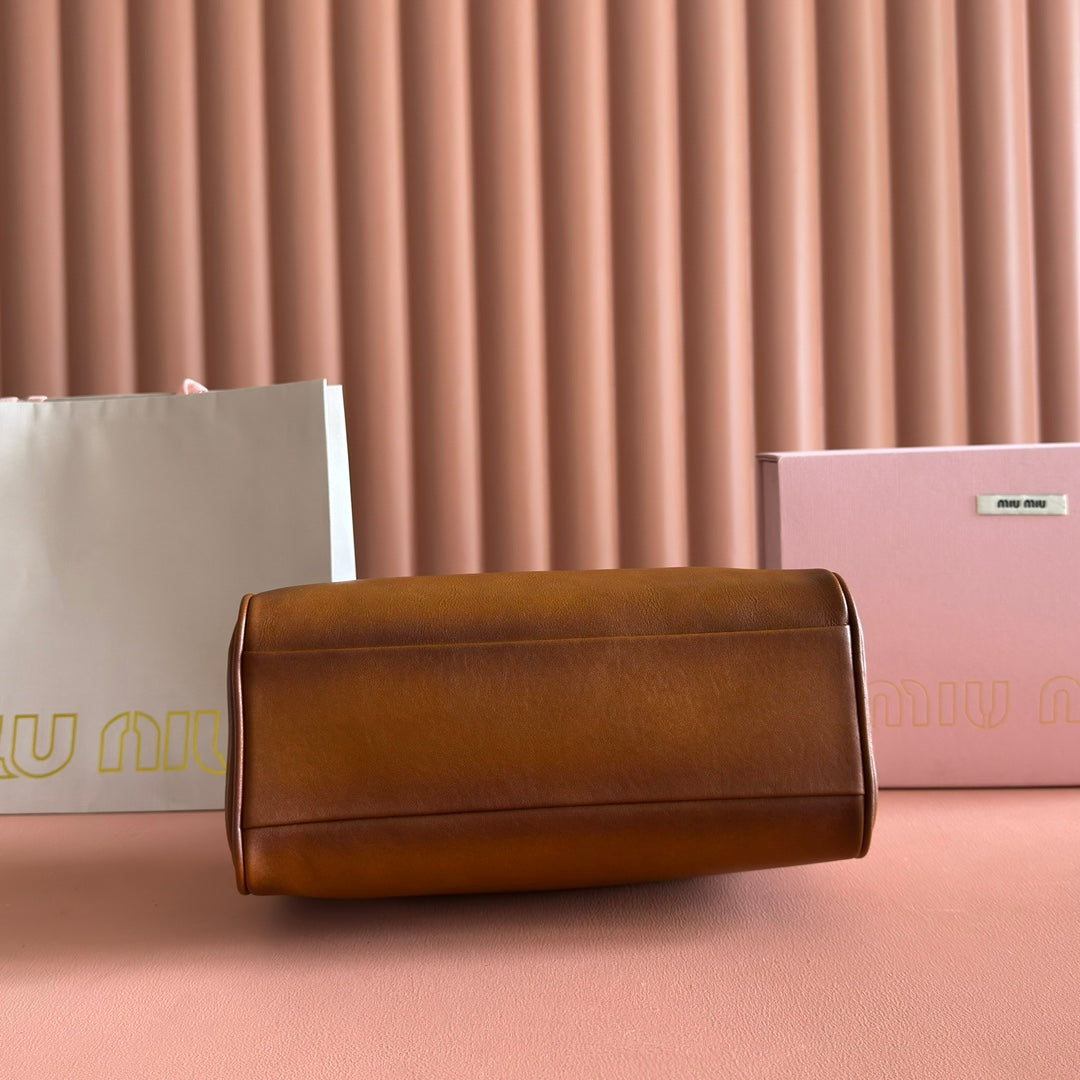 Miu Miu 26S Top-Handle Bag 28 in Tan Brown Calfskin Gold Hardware