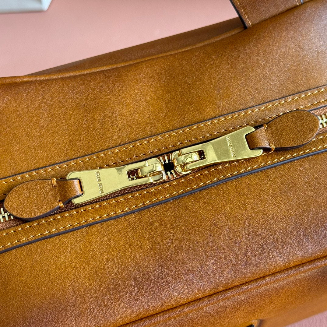 Miu Miu 26S Top-Handle Bag 28 in Tan Brown Calfskin Gold Hardware
