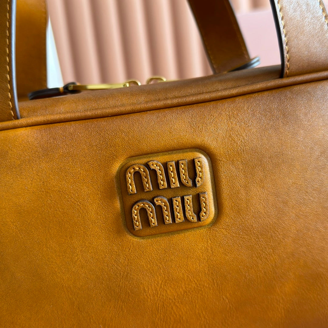 Miu Miu 26S Top-Handle Bag 28 in Tan Brown Calfskin Gold Hardware