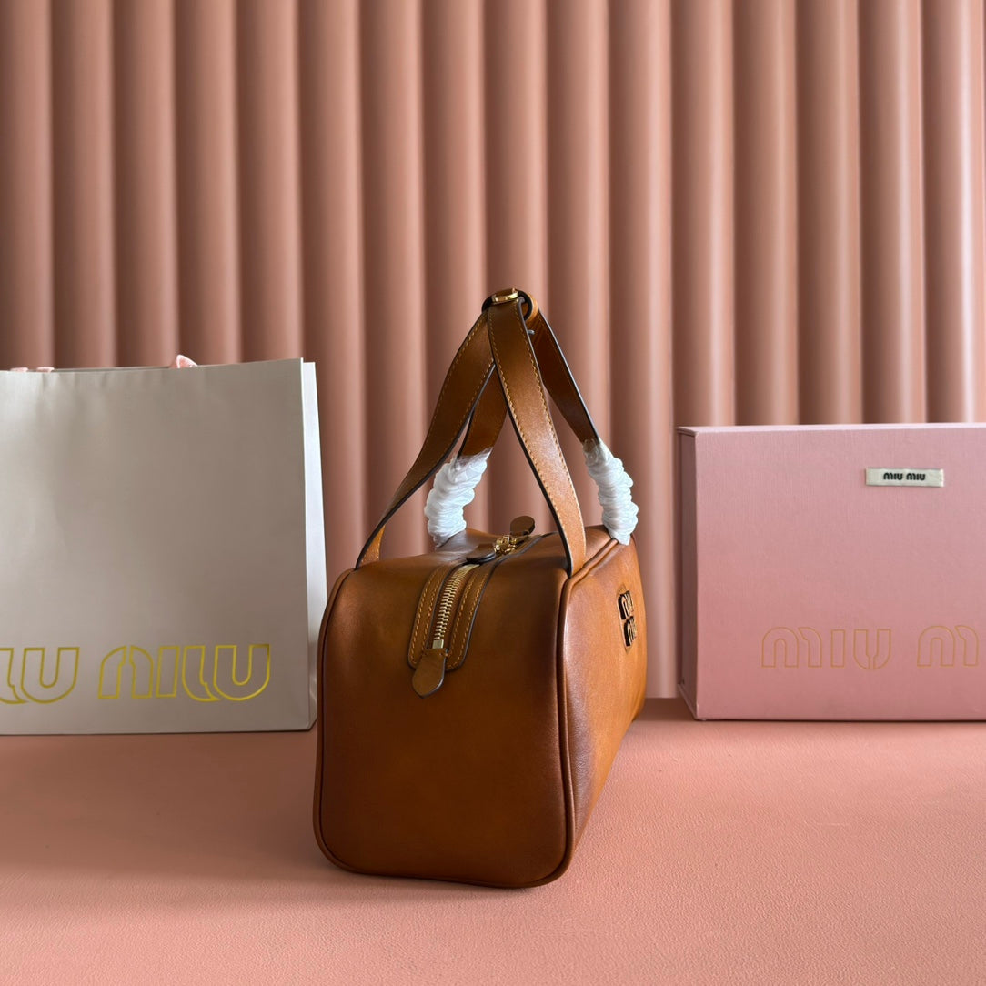 Miu Miu 26S Top-Handle Bag 28 in Tan Brown Calfskin Gold Hardware
