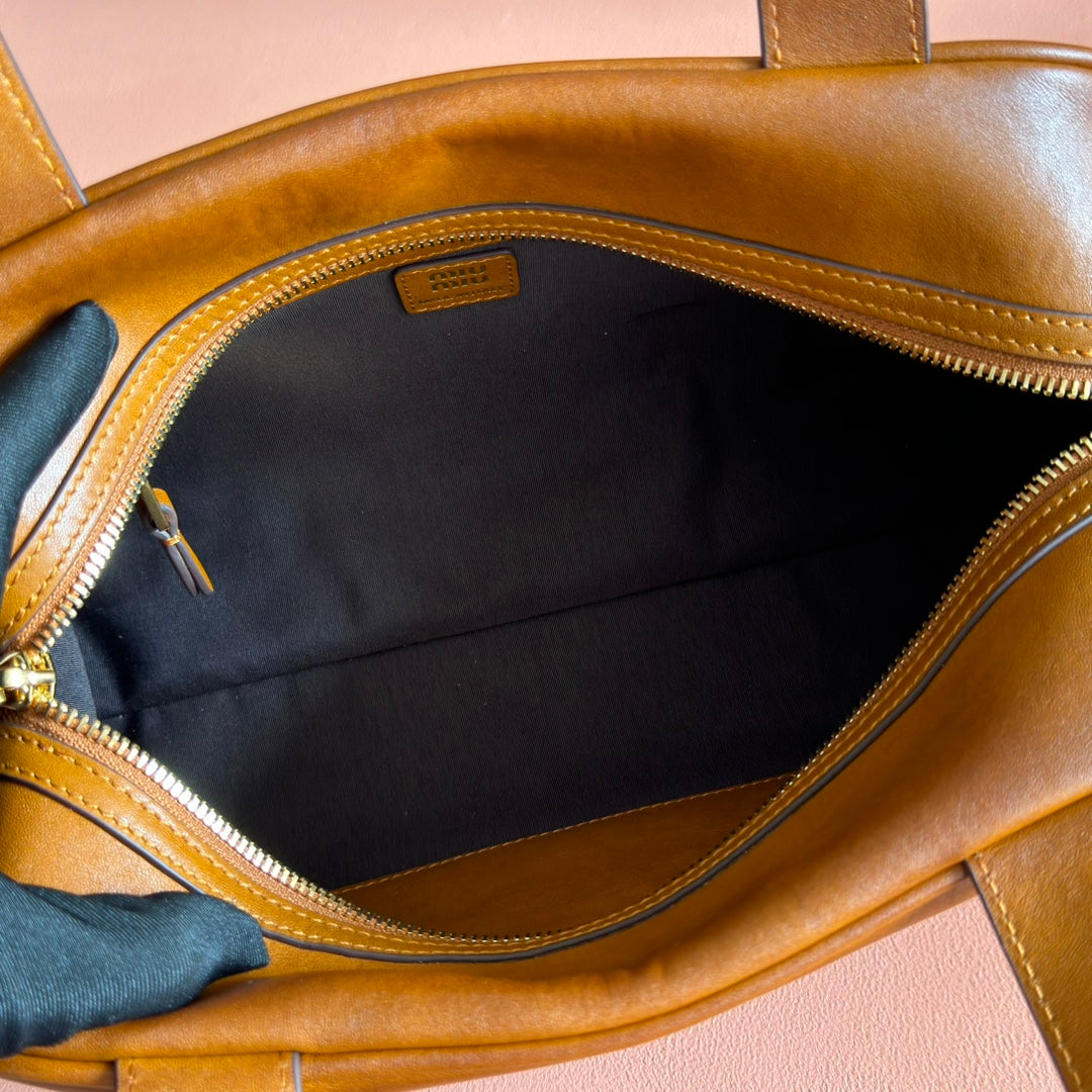 Miu Miu 26S Top-Handle Bag 28 in Tan Brown Calfskin Gold Hardware