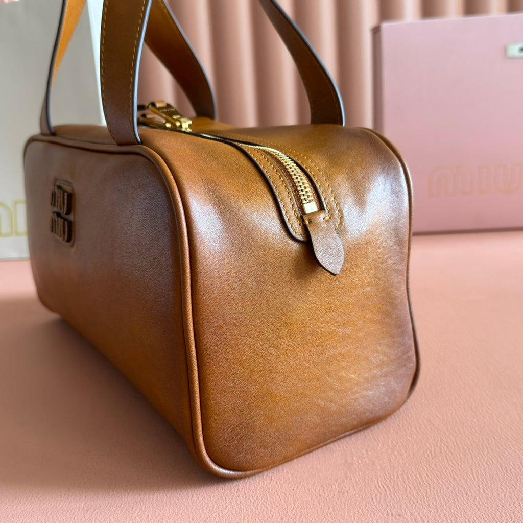 Miu Miu 26S Top-Handle Bag 28 in Tan Brown Calfskin Gold Hardware