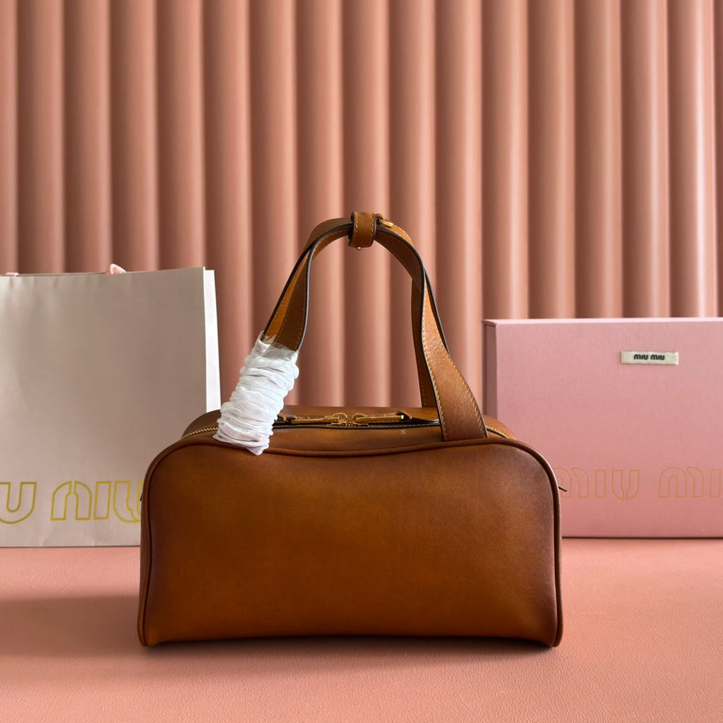 Miu Miu 26S Top-Handle Bag 28 in Tan Brown Calfskin Gold Hardware