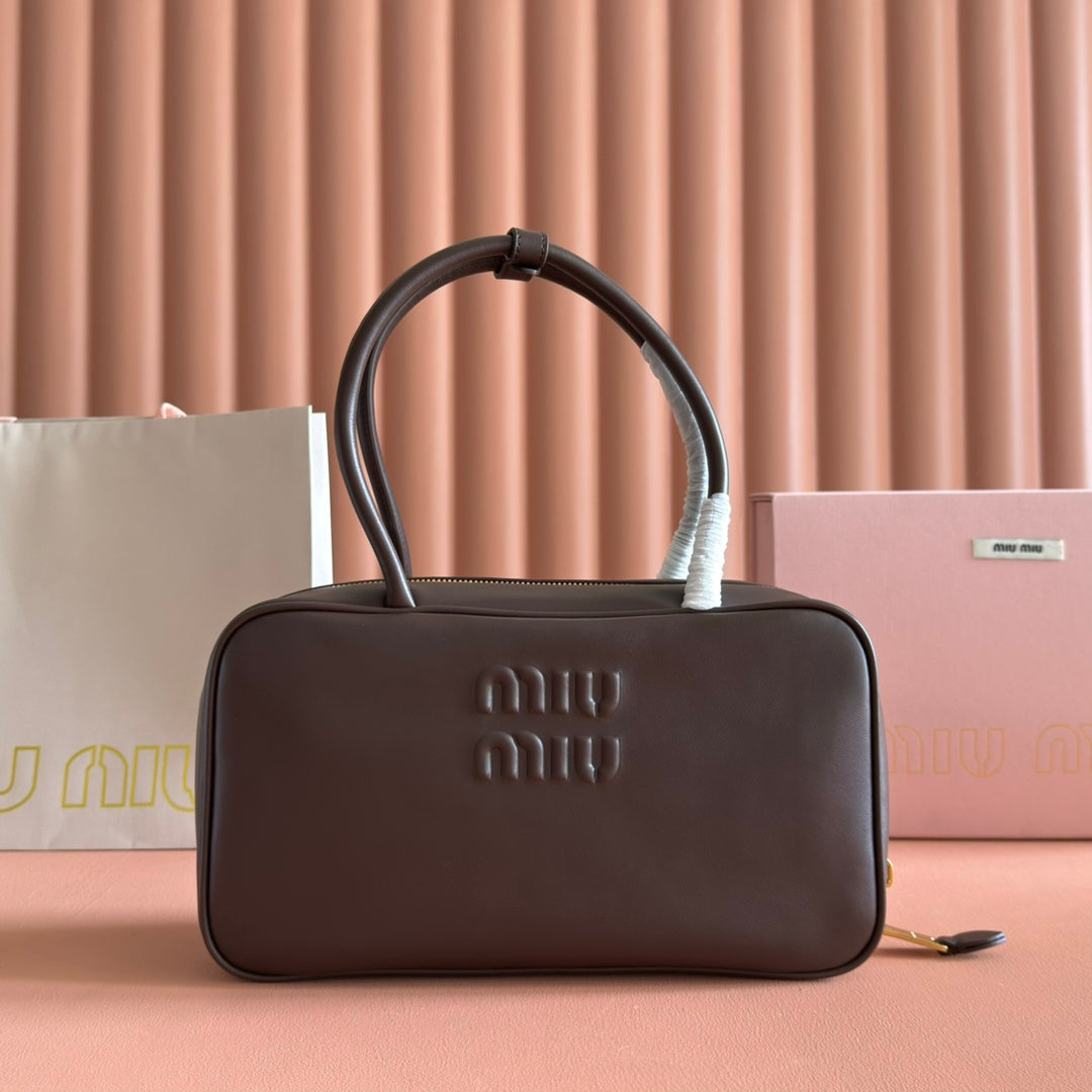 Miu Miu 26S Beau Top Handle Bag 29 in Dark Brown Calfskin Gold Hardware